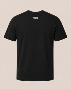 Color Black — Black OVRSAID T-shirt, back product view with white back-neck wordmark