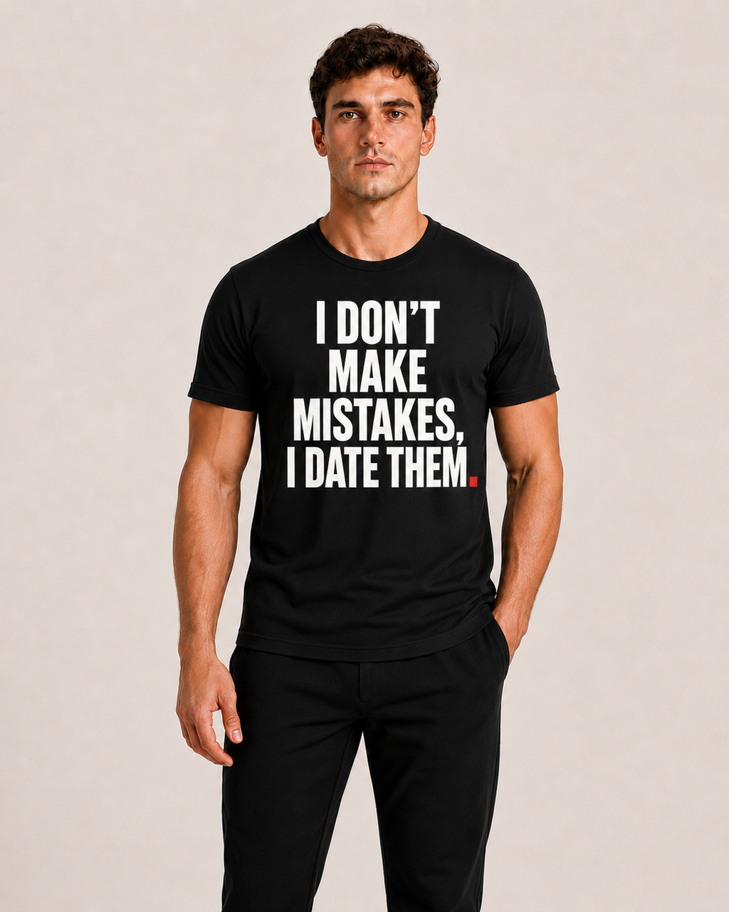 OVRSAID I DON'T MAKE MISTAKES, I DATE THEM black statement tee worn by male model, front print