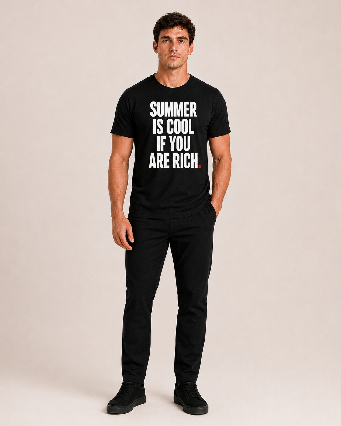 OVRSAID SUMMER IS COOL IF YOU ARE RICH black statement tee worn by male model, front print