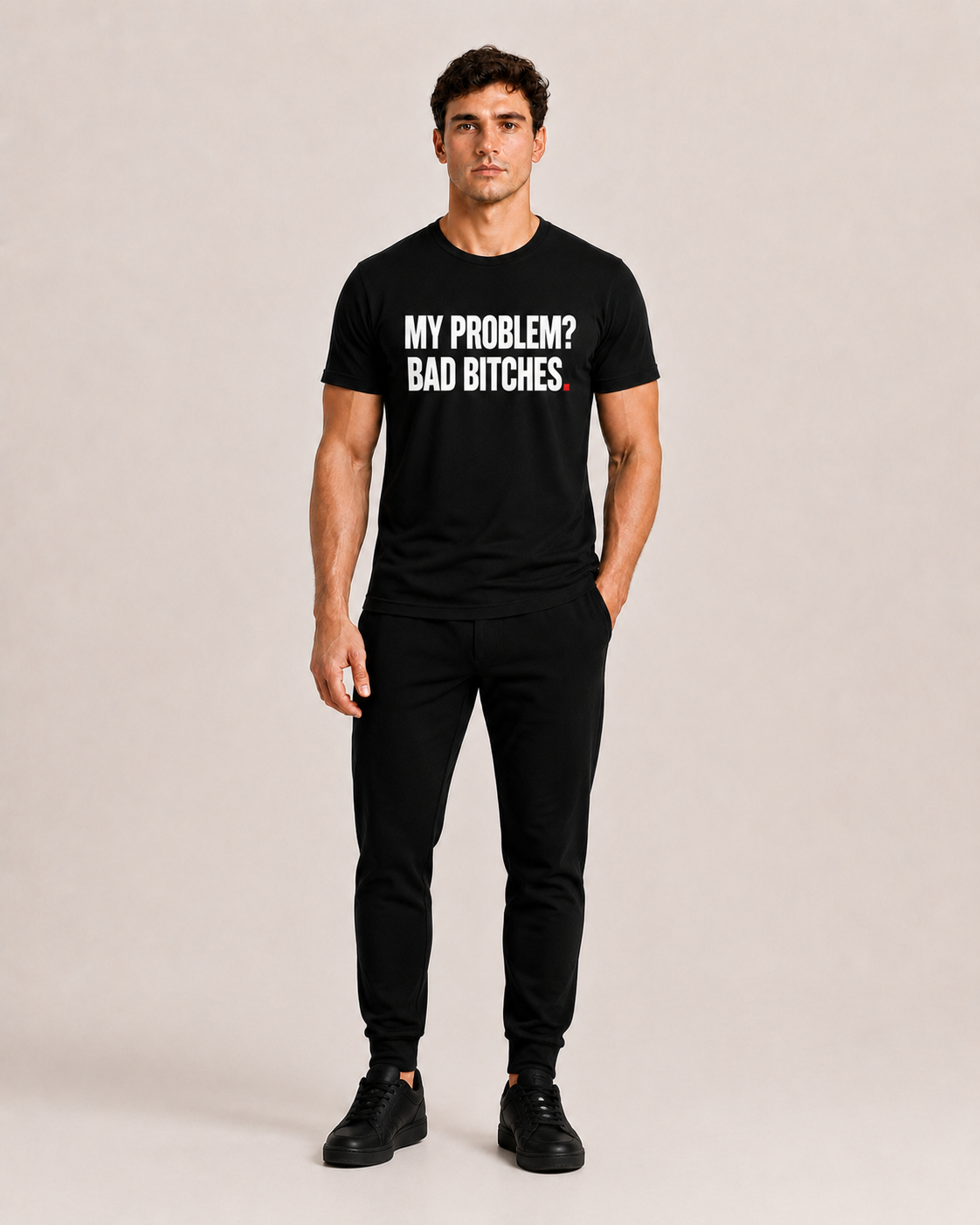 OVRSAID MY PROBLEM BAD BITCHES black statement tee worn by male model, front print