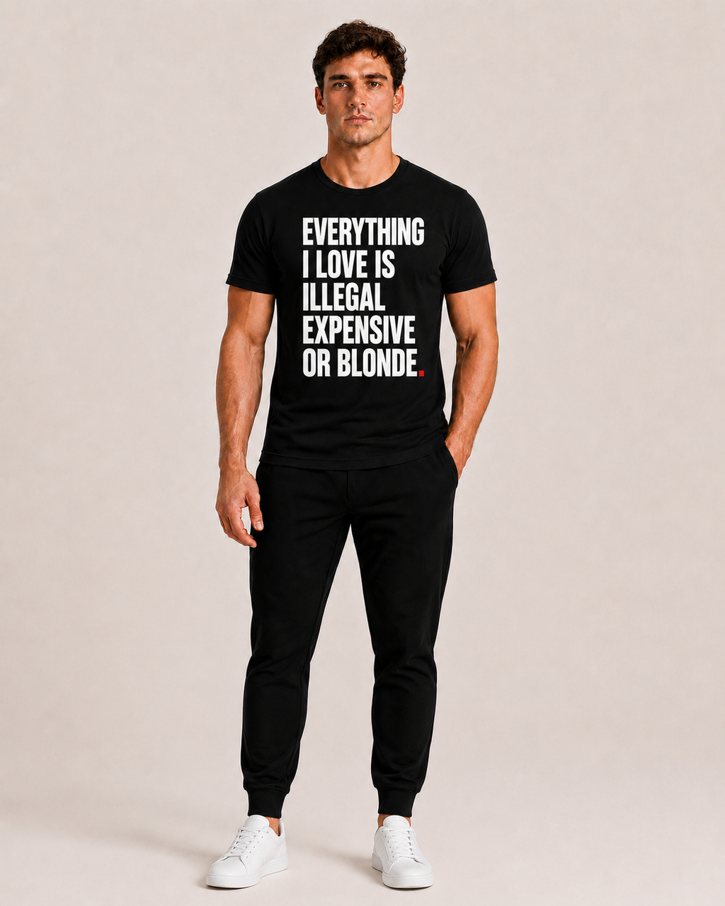 OVRSAID EVERYTHING I LOVE IS ILLEGAL EXPENSIVE OR BLONDE black statement tee worn by male model, front print