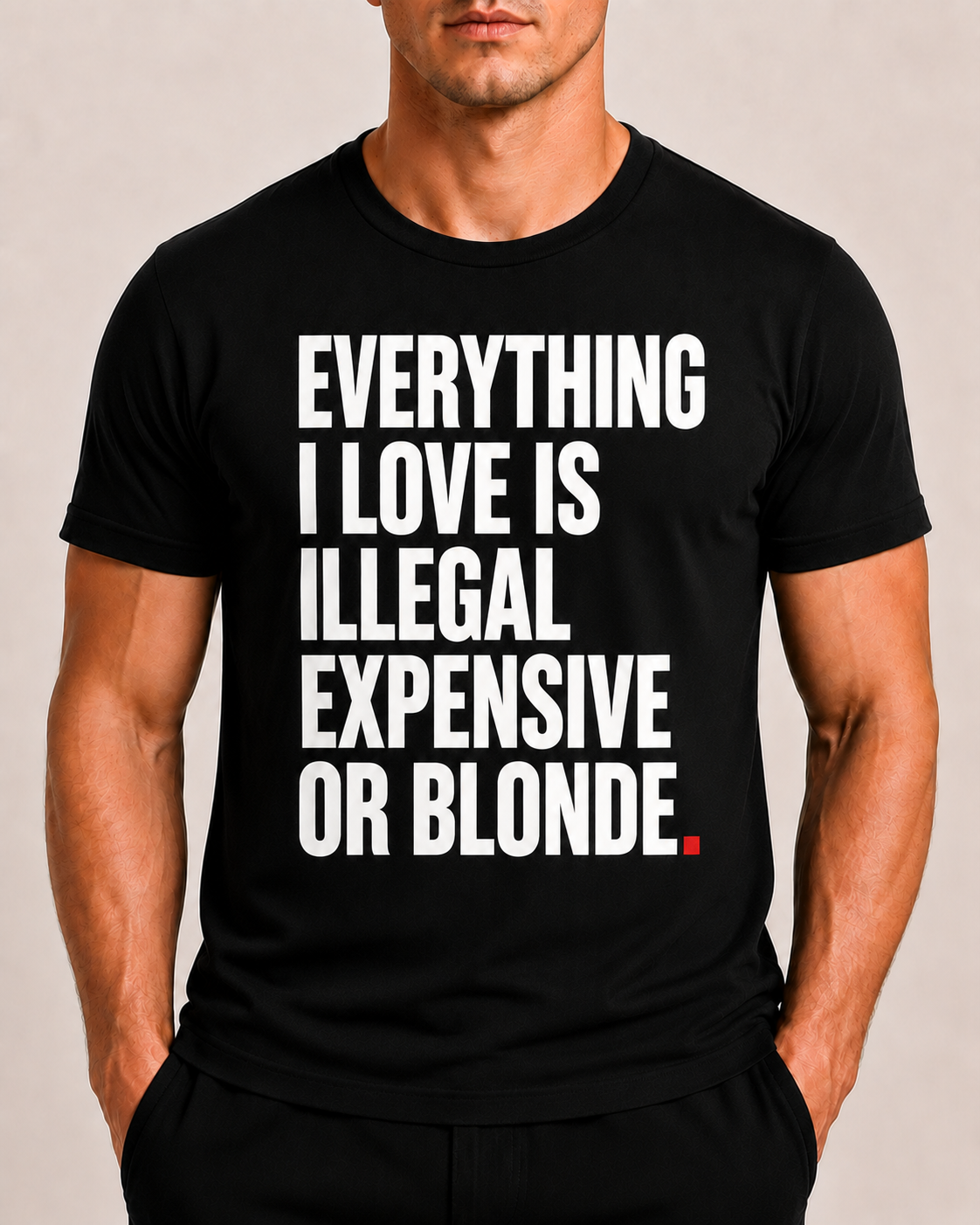 Close-up of OVRSAID EVERYTHING I LOVE IS ILLEGAL EXPENSIVE OR BLONDE front print on black statement tee