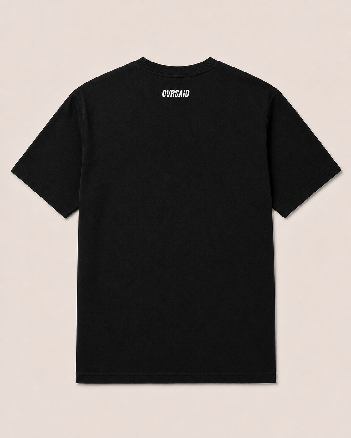 OVRSAID black statement tee, back view with small OVRSAID neck logo