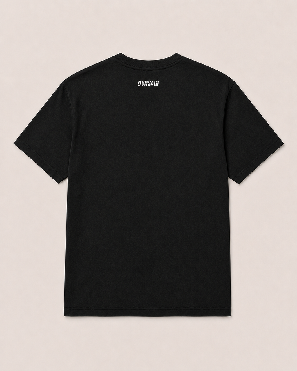 OVRSAID black statement tee, back view with small OVRSAID neck logo
