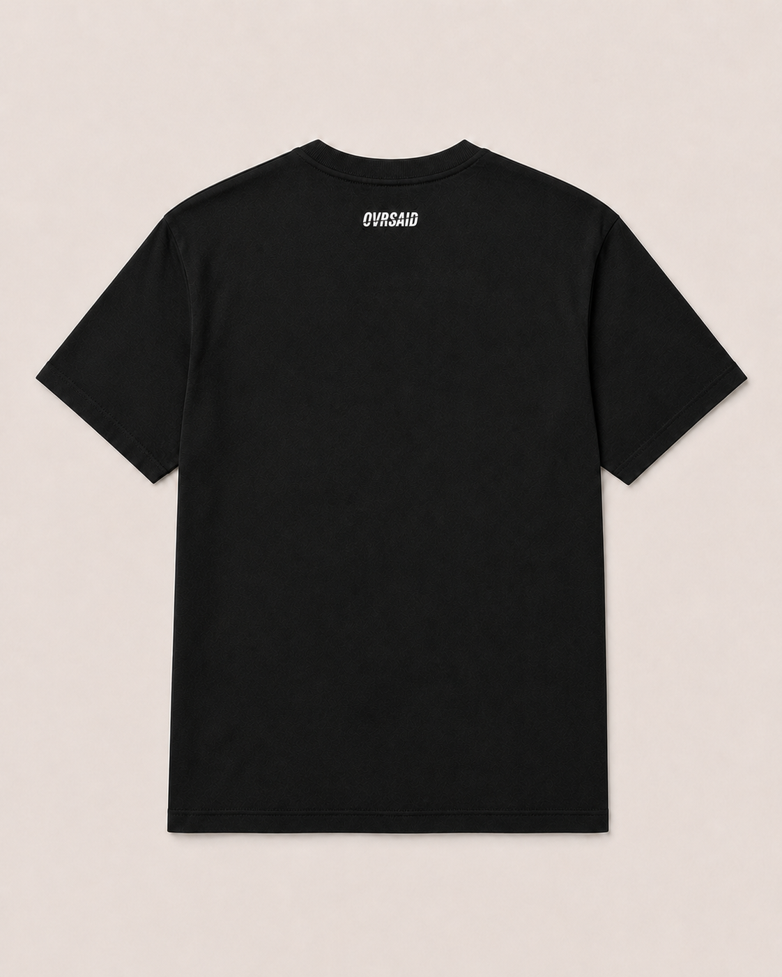 OVRSAID black statement tee, back view with small OVRSAID neck logo