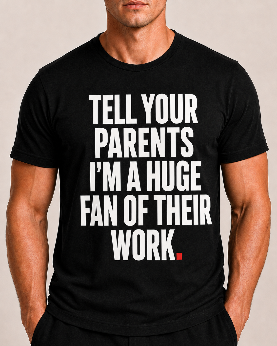 Close-up of OVRSAID TELL YOUR PARENTS I'M A HUGE FAN OF THEIR WORK front print on black statement tee