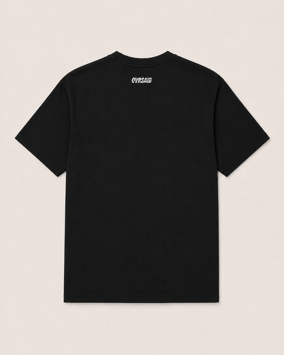 OVRSAID black statement tee, back view with small OVRSAID neck logo