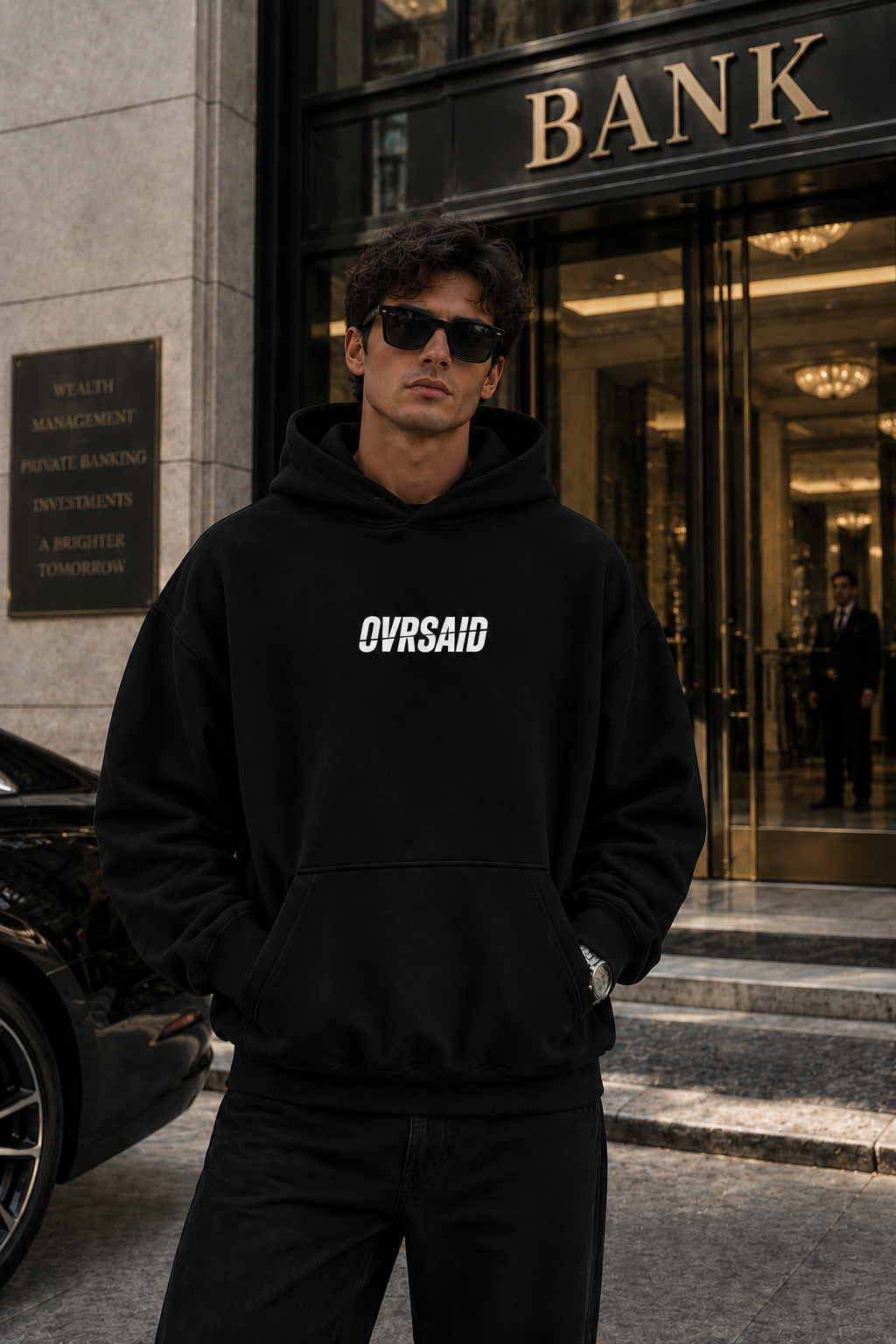 Color Black — OVRSAID I NEED MORE MONEY AND LESS ADVICE. oversized hoodie on male model, front view with small OVRSAID chest mark
