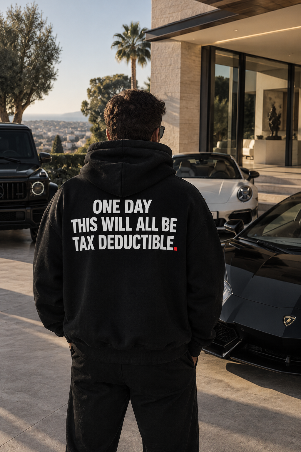 Color Black — OVRSAID ONE DAY THIS WILL ALL BE TAX DEDUCTIBLE. oversized hoodie on male model, back view showing the white back print