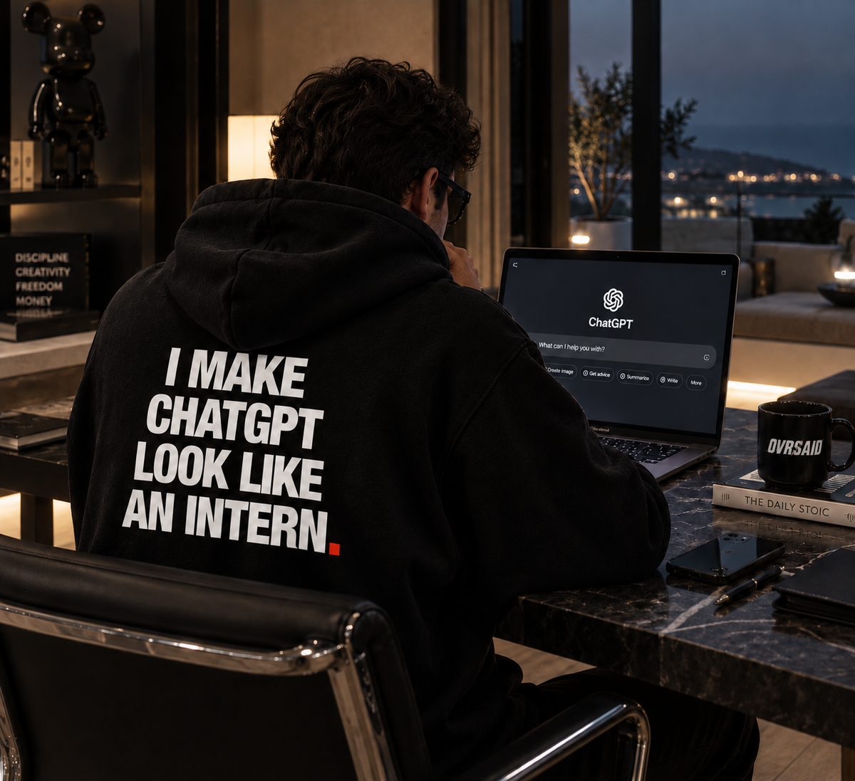 Color Black — OVRSAID I MAKE CHATGPT LOOK LIKE AN INTERN. oversized hoodie on male model, back view showing the white back print