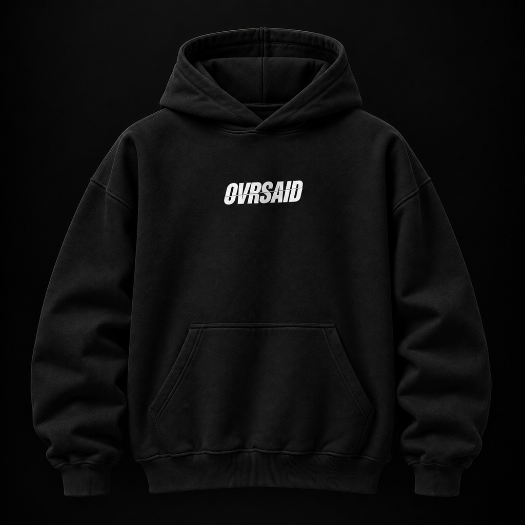 Color Black — OVRSAID oversized hoodie, front product view with small OVRSAID chest mark