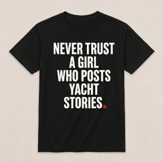 OVRSAID NEVER TRUST A GIRL WHO POSTS YACHT STORIES black statement tee, front view