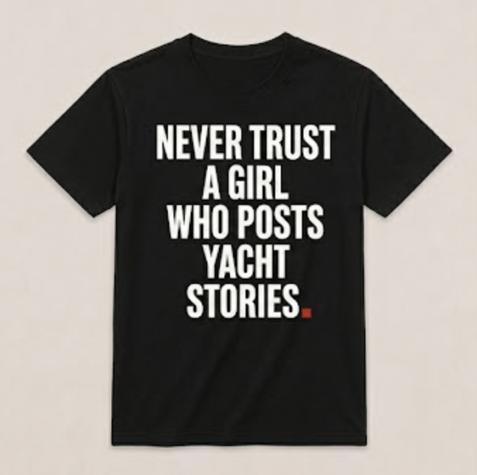 OVRSAID NEVER TRUST A GIRL WHO POSTS YACHT STORIES black statement tee, front view