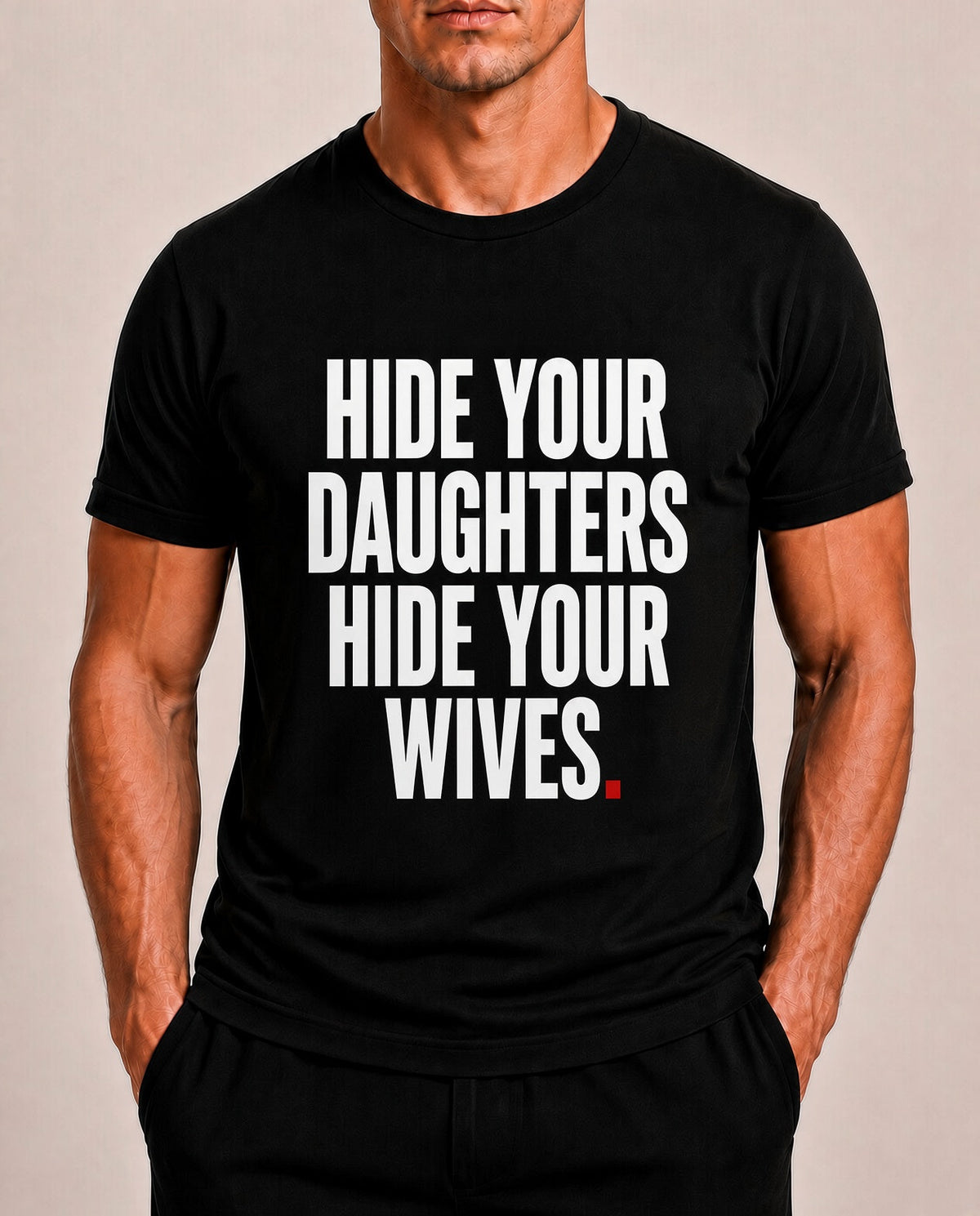 Color Black — Close-up of OVRSAID HIDE YOUR DAUGHTERS HIDE YOUR WIVES front print