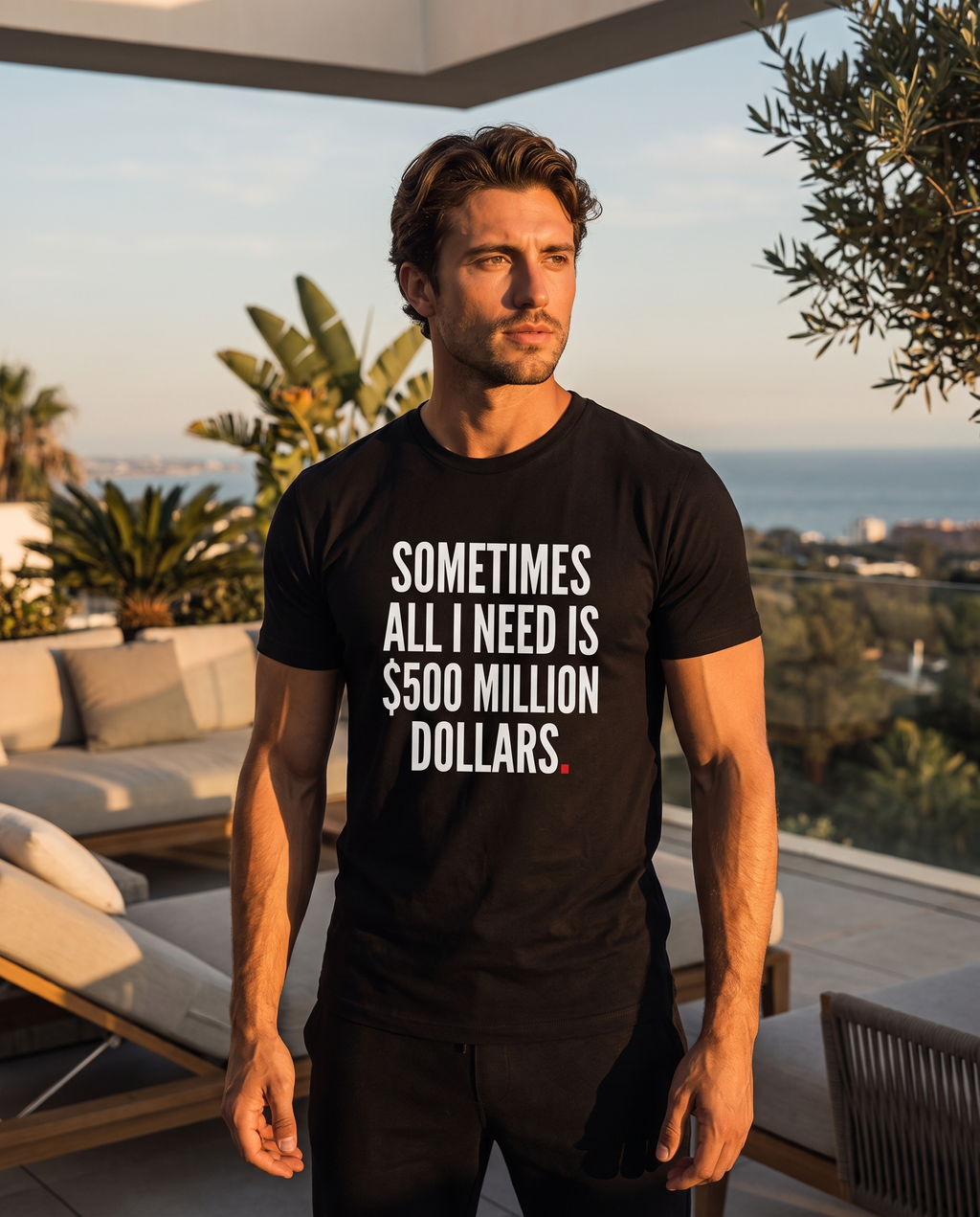 Color Black — OVRSAID SOMETIMES ALL I NEED IS $500 MILLION DOLLARS tee on male model, front view