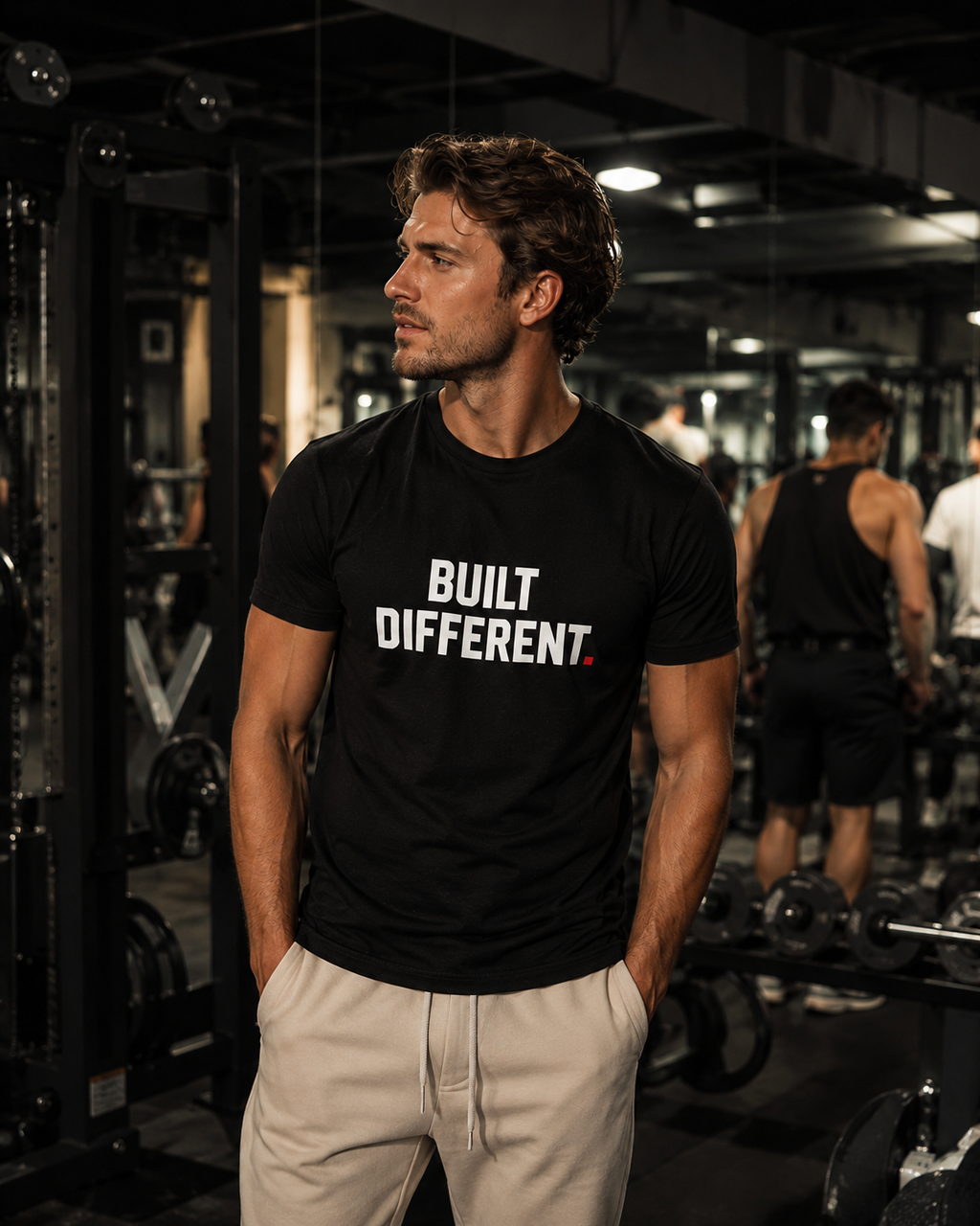 Color Black — OVRSAID BUILT DIFFERENT tee on athletic male model in gym, front view