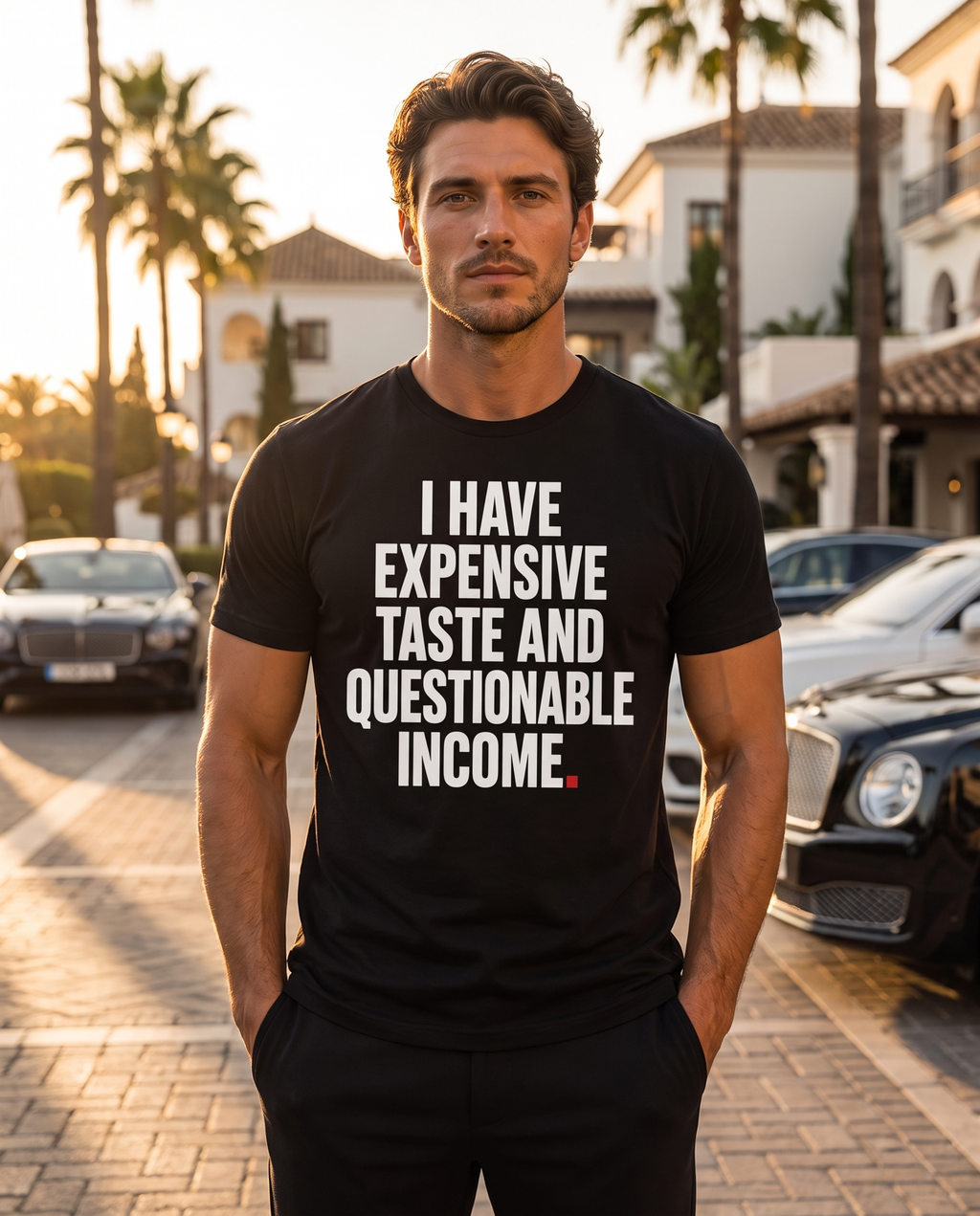 Color Black — OVRSAID I HAVE EXPENSIVE TASTE AND QUESTIONABLE INCOME tee on male model, front view
