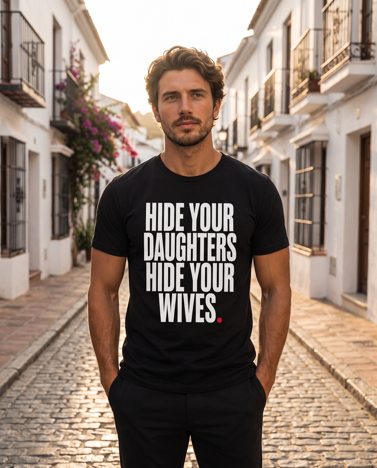 Color Black — OVRSAID HIDE YOUR DAUGHTERS HIDE YOUR WIVES tee on male model, front view