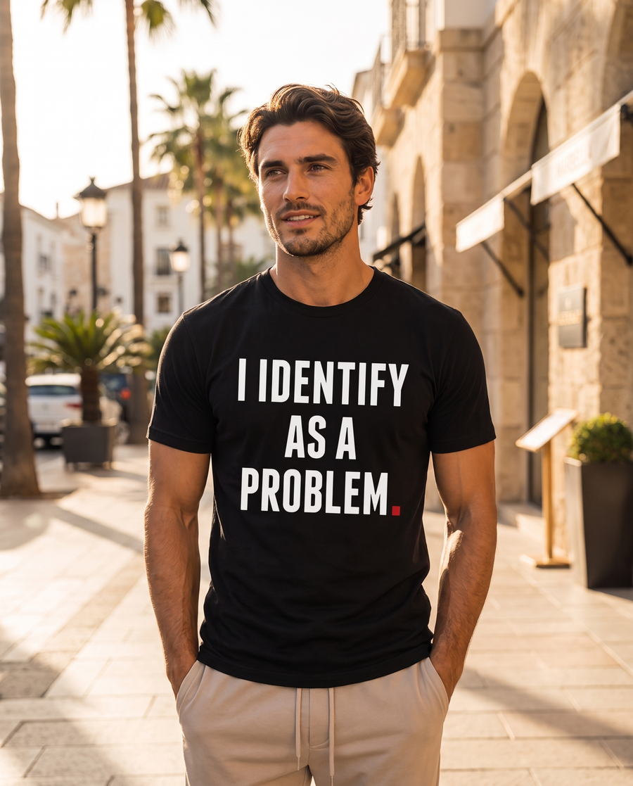 Color Black — OVRSAID I IDENTIFY AS A PROBLEM tee on male model, front view