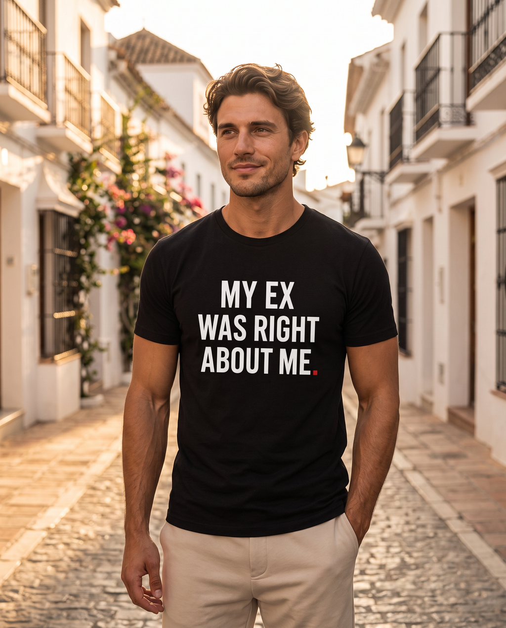 Color Black — OVRSAID MY EX WAS RIGHT ABOUT ME tee on male model, front view