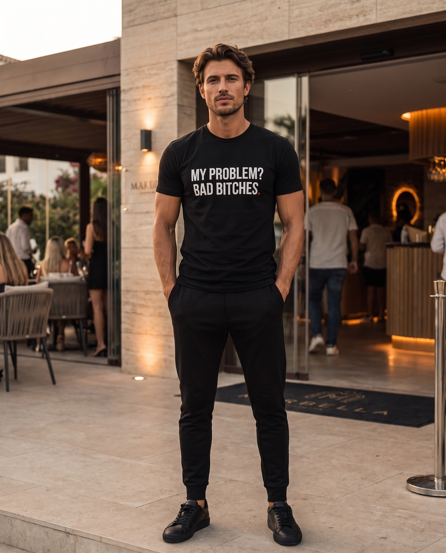Color Black — OVRSAID MY PROBLEM BAD BITCHES tee on male model, front view