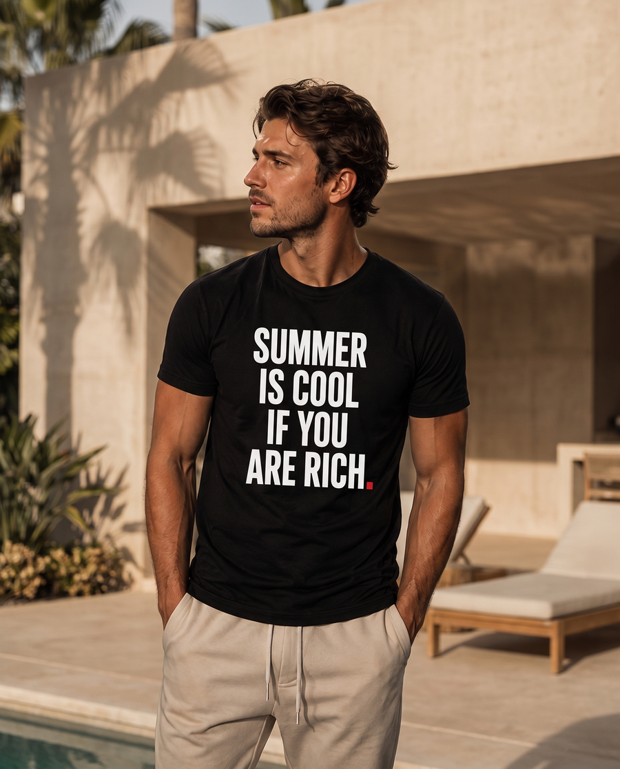 Color Black — OVRSAID SUMMER IS COOL IF YOU ARE RICH tee on male model, front view
