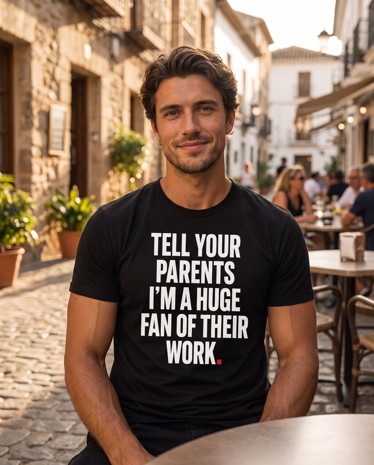 Color Black — OVRSAID TELL YOUR PARENTS I'M A HUGE FAN OF THEIR WORK tee on male model, front view