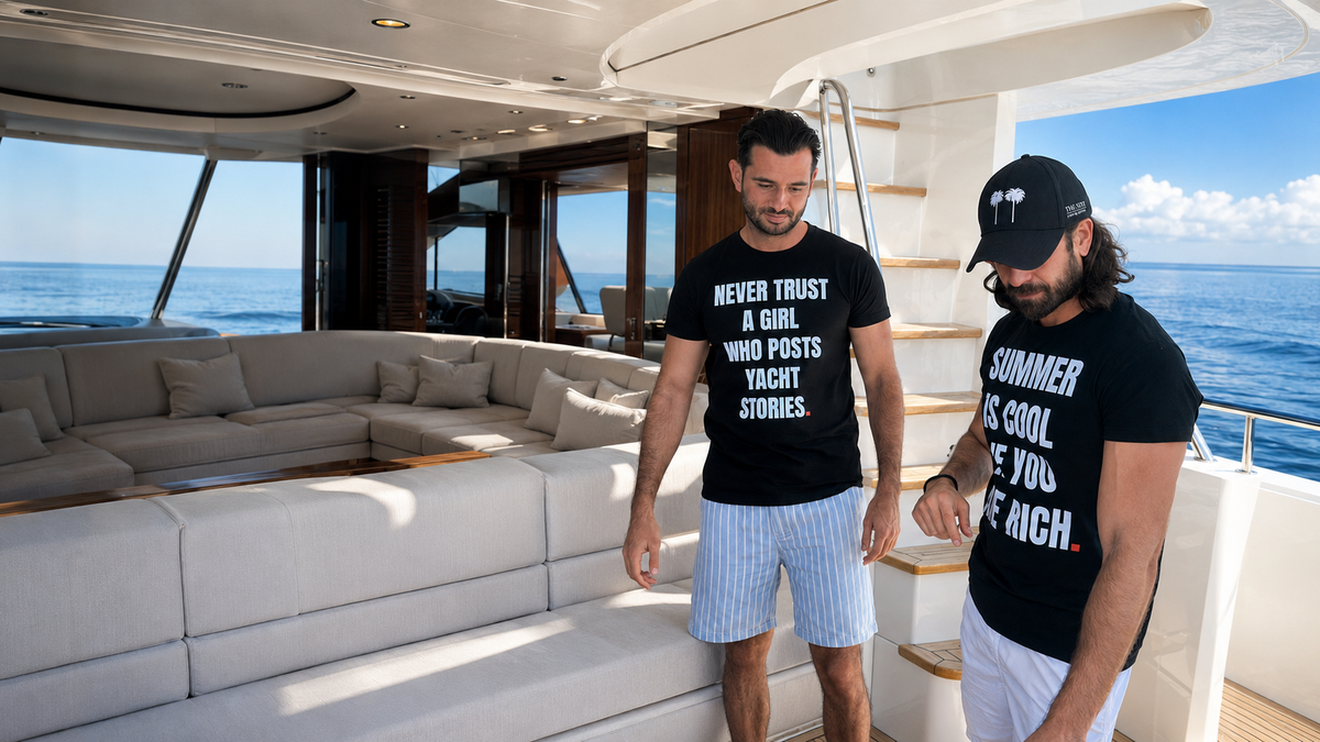 Two men wearing OVRSAID statement T-shirts on a yacht